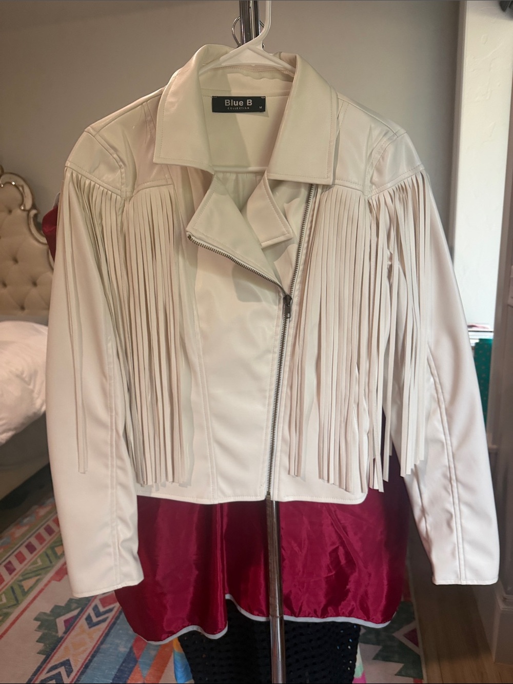 Blue B Cream Fringe Leather-Style Moto Jacket